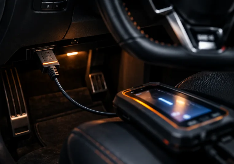 Lecteur de codes défaut branché sur la prise de diagnostic, sous le volant