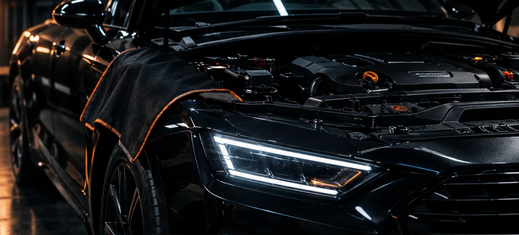 Capot ouvert sur le compartiment moteur d'une voiture, dans un atelier sombre