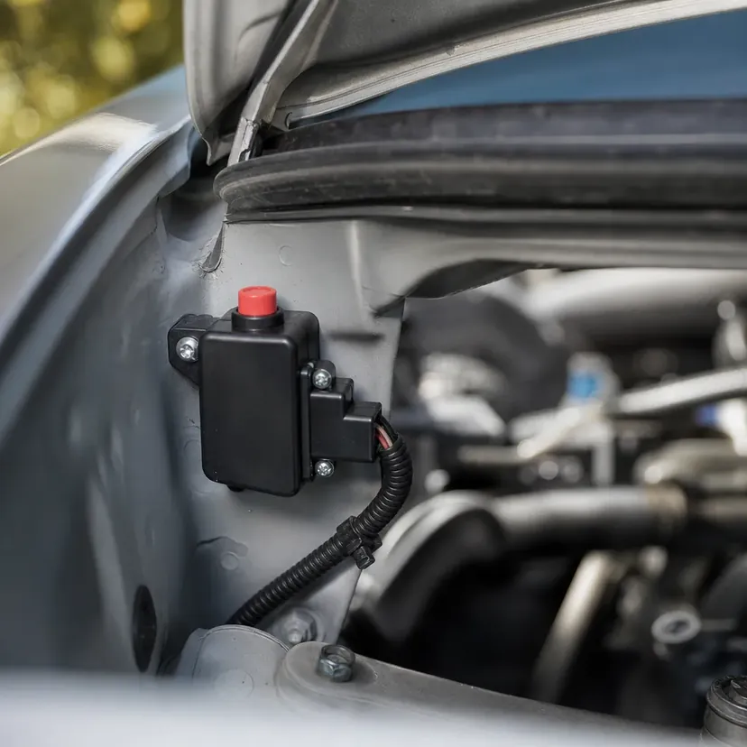 Interrupteur inertiel de coupure de carburant vissé sur la tôle intérieure d'un compartiment moteur, bouton de réarmement rouge sur le dessus