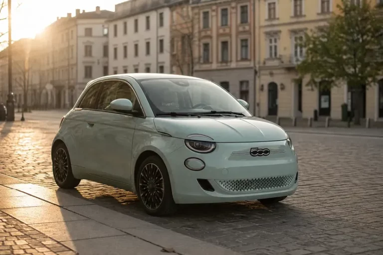 Une Fiat 500 électrique vert d'eau vue de trois quarts avant, arrêtée le long d'un trottoir pavé sur une place de centre-ville en fin de journée