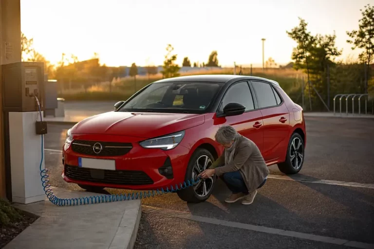 Une Opel Corsa rouge à toit noir arrêtée devant la borne de gonflage d'une station, une conductrice accroupie près de la roue avant, flexible d'air raccordé à la valve
