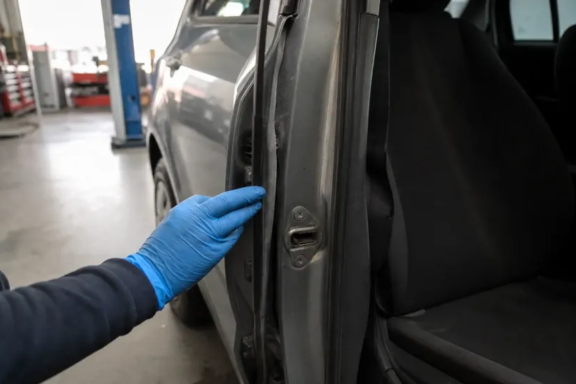 Porte avant droite d'une citadine ouverte en atelier, vue rapprochée sur le cadre de porte, une main gantée posée sur le montant