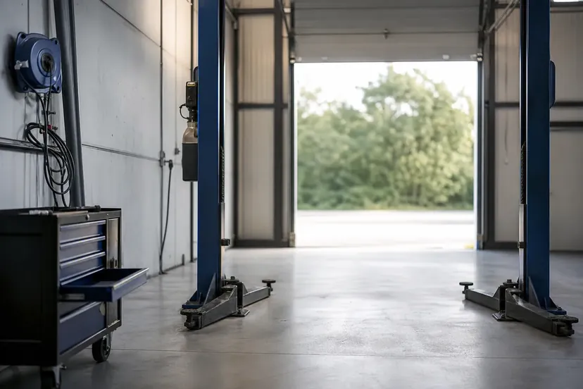 Une travée d'atelier automobile vide, pont élévateur à deux colonnes bras repliés, servante à outils ouverte et porte sectionnelle ouverte au fond