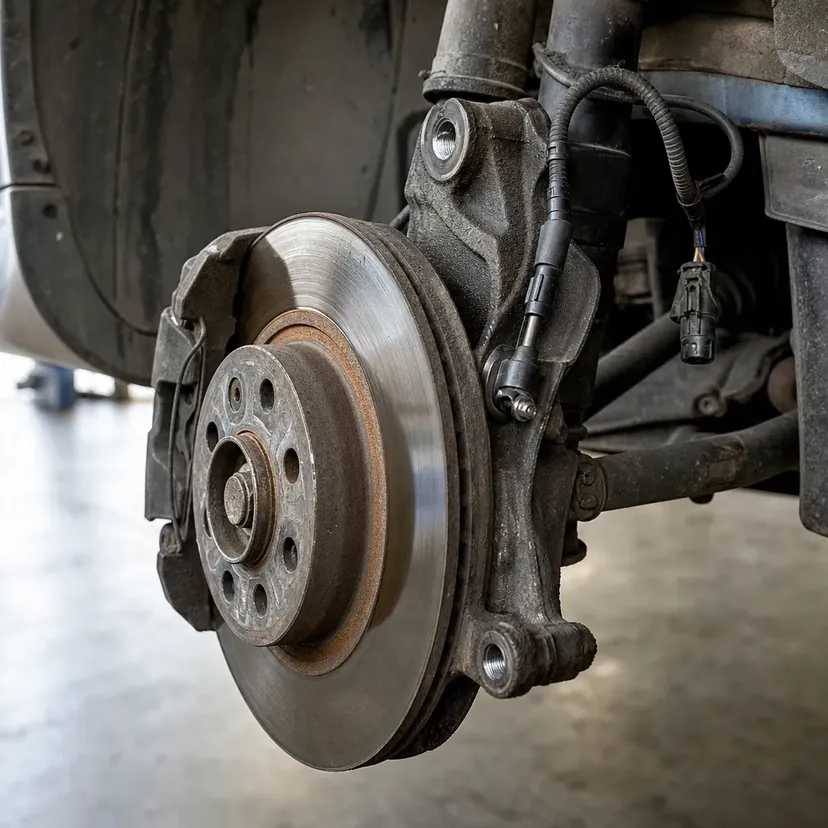 Gros plan sur le moyeu de roue avant d'une voiture en atelier, roue déposée, avec le capteur de vitesse de roue vissé sur le porte-fusée et son câble gainé