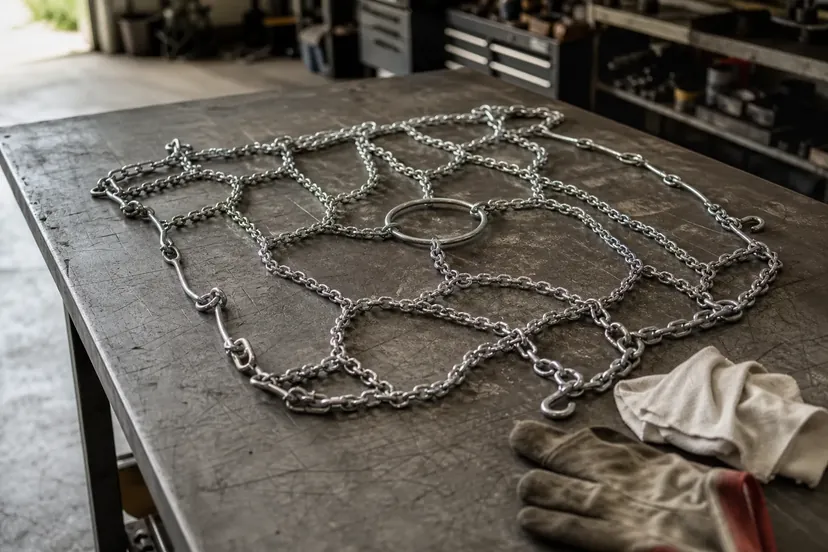 Un jeu de chaînes à neige à mailles d'acier déployé à plat sur l'établi métallique d'un atelier, gants de travail et chiffon posés à côté