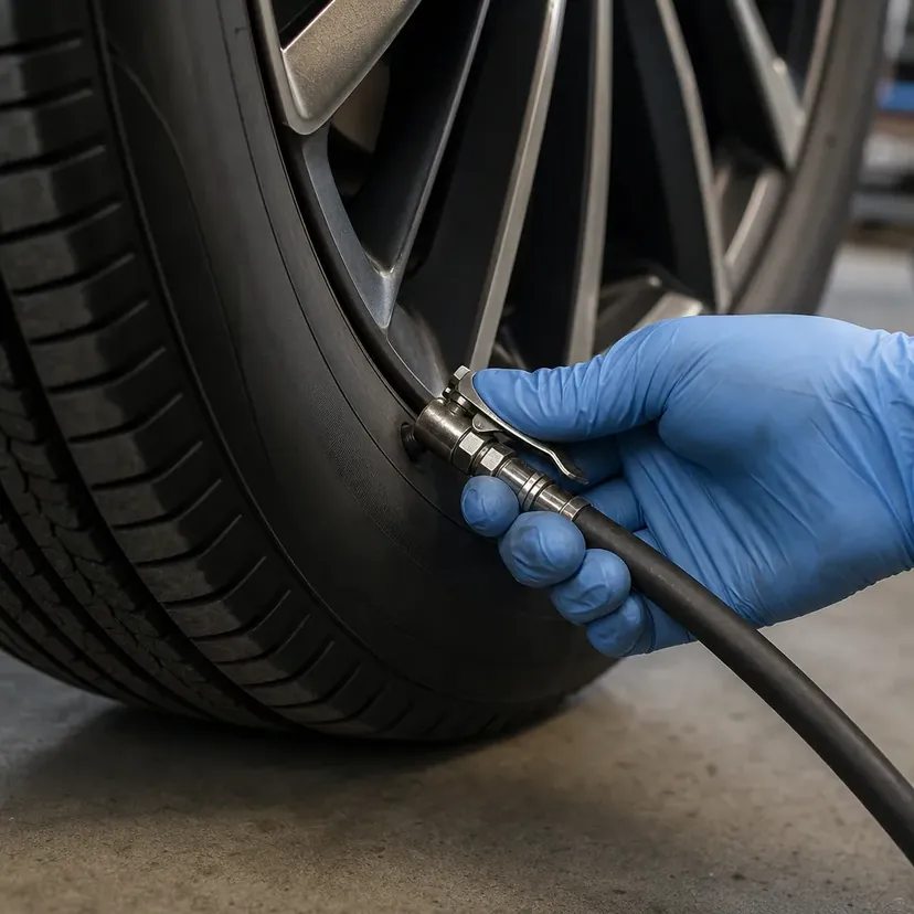 Gros plan sur la valve d'un pneu de SUV, embout de gonflage à levier engagé et tenu par une main en gant nitrile bleu
