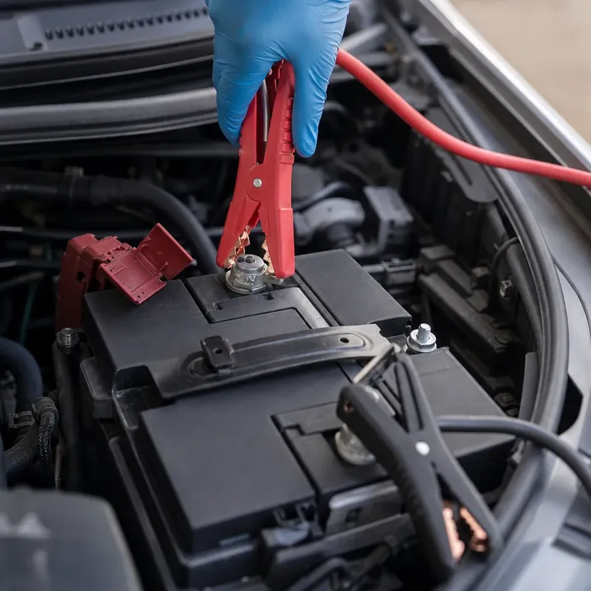 Main gantée pressant la pince rouge d'un câble de démarrage sur la borne positive d'une batterie douze volts, capot relevé.