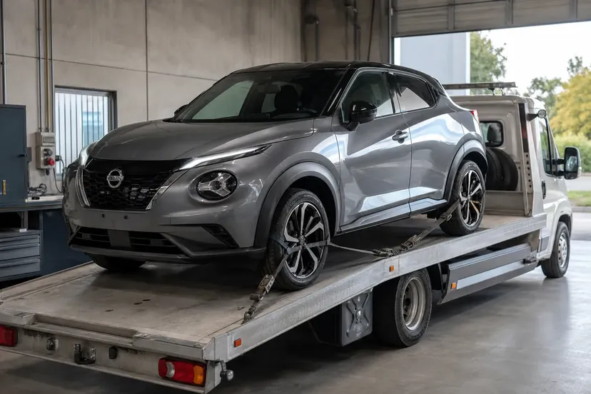 Nissan Juke F16 grise sanglée les quatre roues décollées du sol sur le plateau incliné d'une dépanneuse, dans la cour d'un atelier.