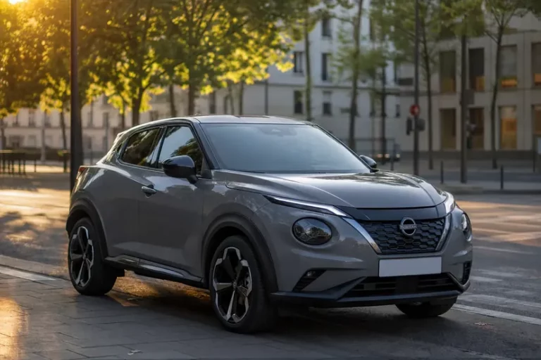 Nissan Juke F16 grise à toit noir arrêtée moteur coupé le long d'un trottoir, juste avant un carrefour, en fin de journée.