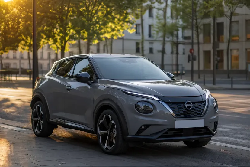 Nissan Juke F16 grise à toit noir arrêtée moteur coupé le long d'un trottoir, juste avant un carrefour, en fin de journée.