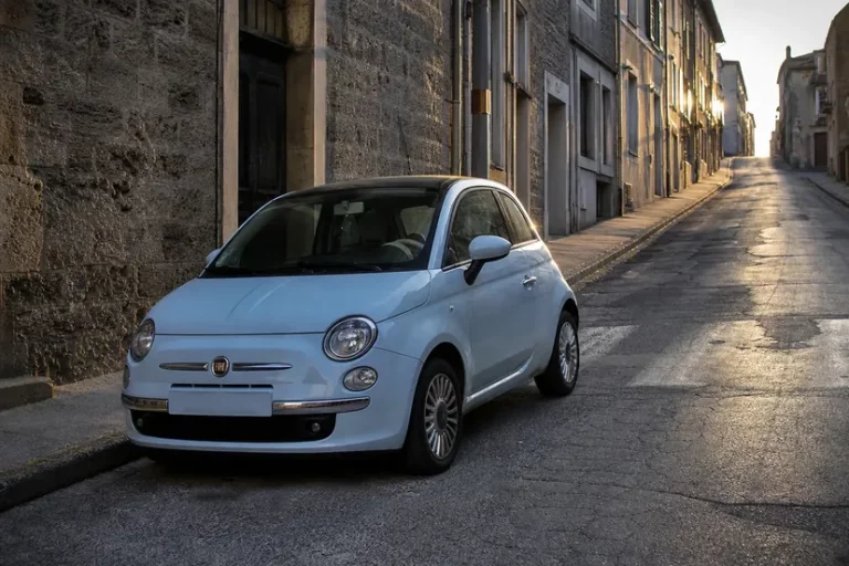 Fiat 500 bleu clair arrêtée moteur coupé le long d'un trottoir, dans une rue en forte pente, en fin de journée.