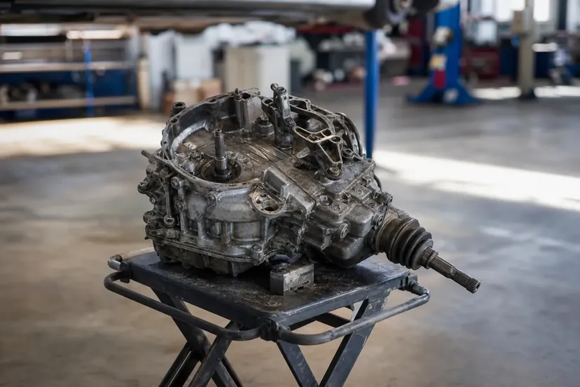 Boîte de vitesses de citadine déposée, posée sur son vérin hydraulique au sol dans la travée d'un atelier automobile.