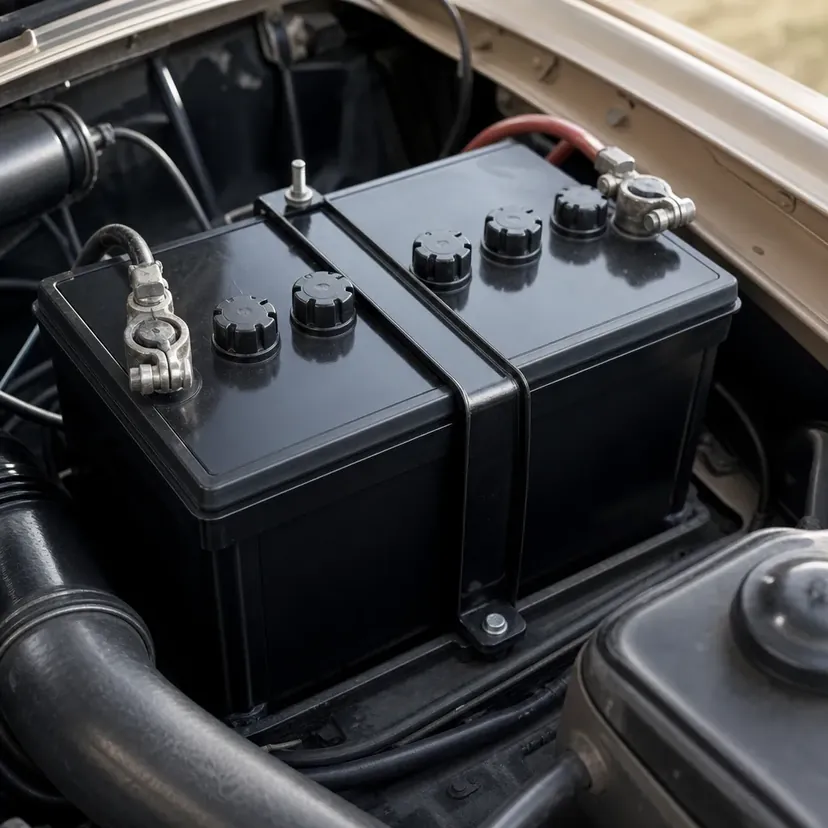 Une batterie 12 volts en place sous le capot d'une voiture ancienne, ses deux bornes prises dans leurs cosses.