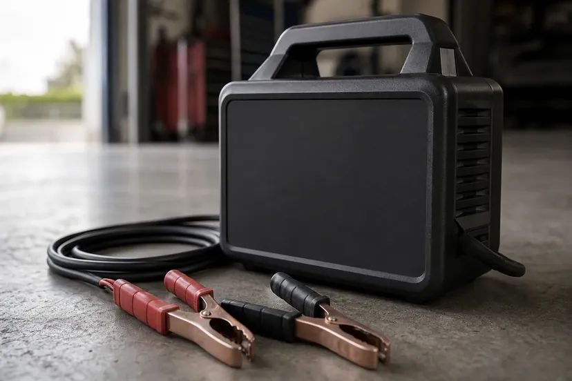 Un chargeur de batterie portatif posé au sol d'un garage, câble enroulé et pinces rouge et noire devant lui.