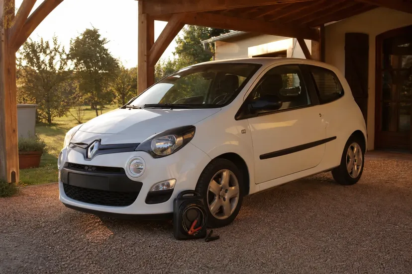 Une Renault Twingo blanche garée sous un abri de voiture, un chargeur de batterie posé au sol près de la roue avant.