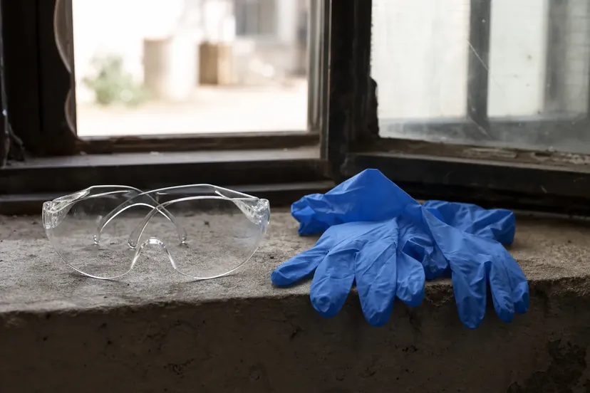 Des lunettes de protection et des gants nitrile posés sur l'appui d'une fenêtre d'atelier entrouverte.