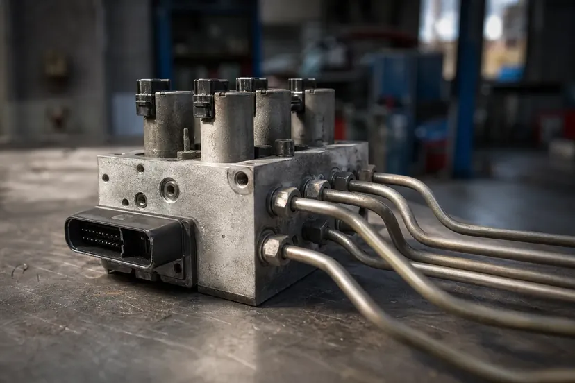 Bloc hydraulique d'ABS déposé sur l'établi d'un atelier, ses conduites de frein rigides écartées en éventail