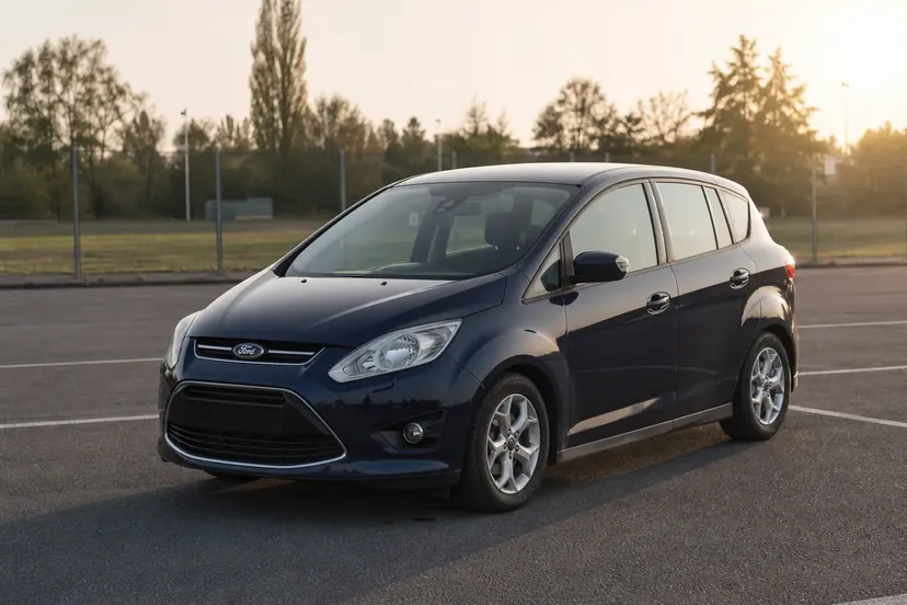 Ford C-Max bleu foncé vue de trois quarts avant, arrêtée moteur coupé sur le parking bitumé désert d'un terrain de sport, en fin de journée