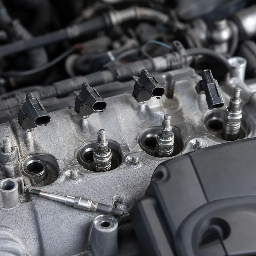 Bougies de préchauffage vissées en ligne dans le haut d'une culasse, connecteurs débranchés et bougie neuve posée sur la tôle à côté
