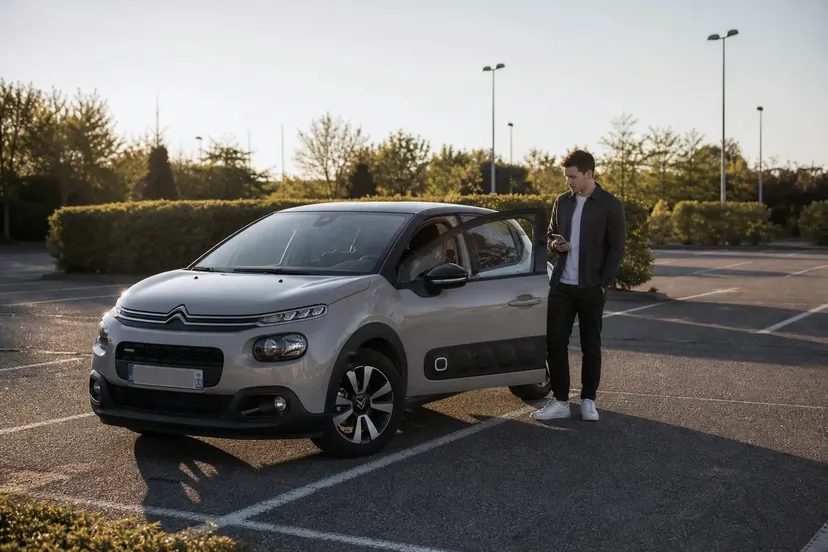 Conducteur debout près de la portière ouverte de sa Citroën C3 arrêtée sur un parking, téléphone à la main, en fin de journée