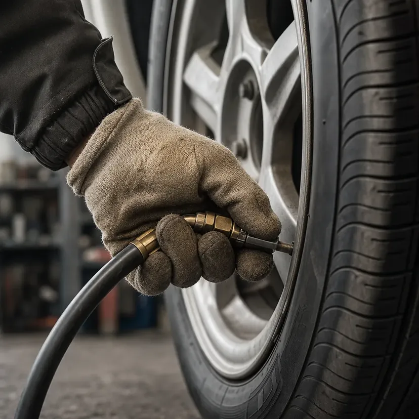 Main gantée pressant un embout de gonflage sur la valve d'une roue avant dans un atelier
