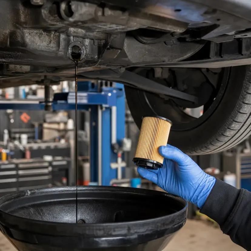 Vidange en cours sous le moteur d'une citadine, bac de récupération sous le carter et filtre à huile neuf tenu par une main gantée