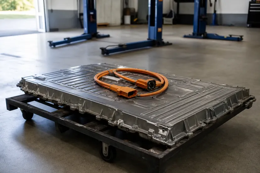 Pack de batterie de traction haute tension déposé sur un chariot d'atelier, câbles de puissance orange enroulés sur le carter