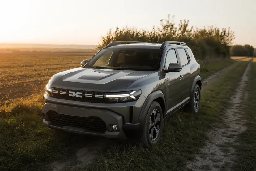 Dacia Duster 3 gris ardoise vu de trois quarts avant, arrêté moteur coupé au bord d'un chemin de terre en fin de journée