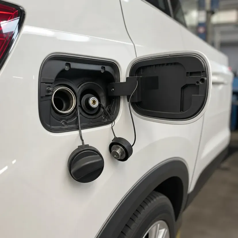 Trappe de carburant ouverte sur l'aile arrière d'un SUV, laissant voir côte à côte le goulot d'essence et la prise de remplissage de gaz