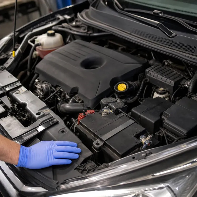 Compartiment moteur ouvert d'un SUV compact : vase d'expansion, bouchon de remplissage d'huile et batterie 12 volts, une main gantée posée sur l'aile