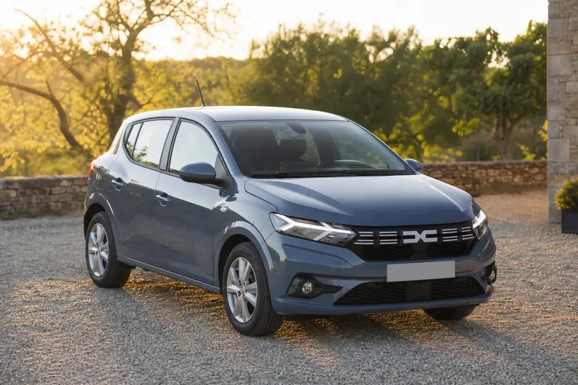 Une Dacia Sandero III bleu-gris vue de trois quarts avant, arrêtée dans une cour en gravier devant une maison de campagne en fin de journée.