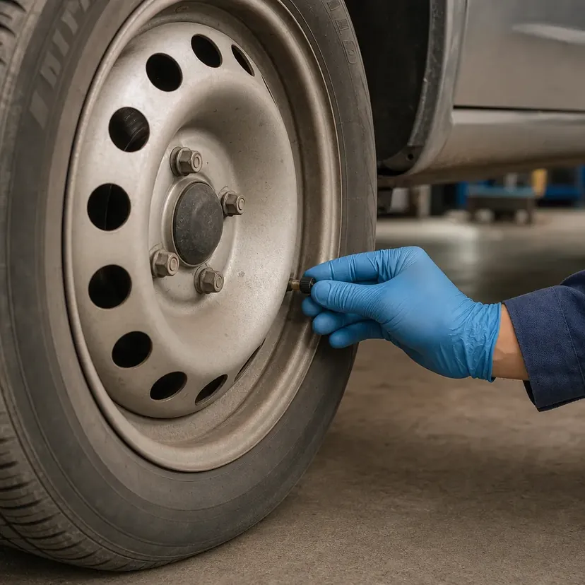 Gros plan sur la roue avant droite d'une citadine dans un atelier, une main en gant nitrile bleu dévissant le bouchon de valve sur le flanc du pneumatique.
