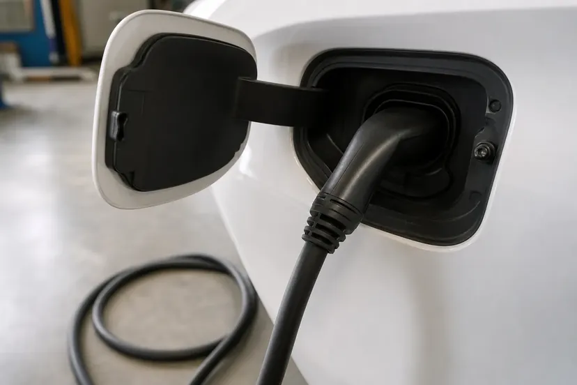 Avant d'une petite citadine électrique blanche dans un atelier, trappe de charge ouverte et câble de charge noir branché, descendant en boucle jusqu'au sol béton.