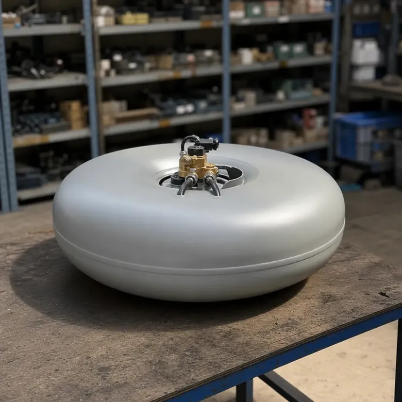 Un réservoir GPL torique neuf, gris clair, posé à plat sur une table de travail dans un magasin de pièces détachées.