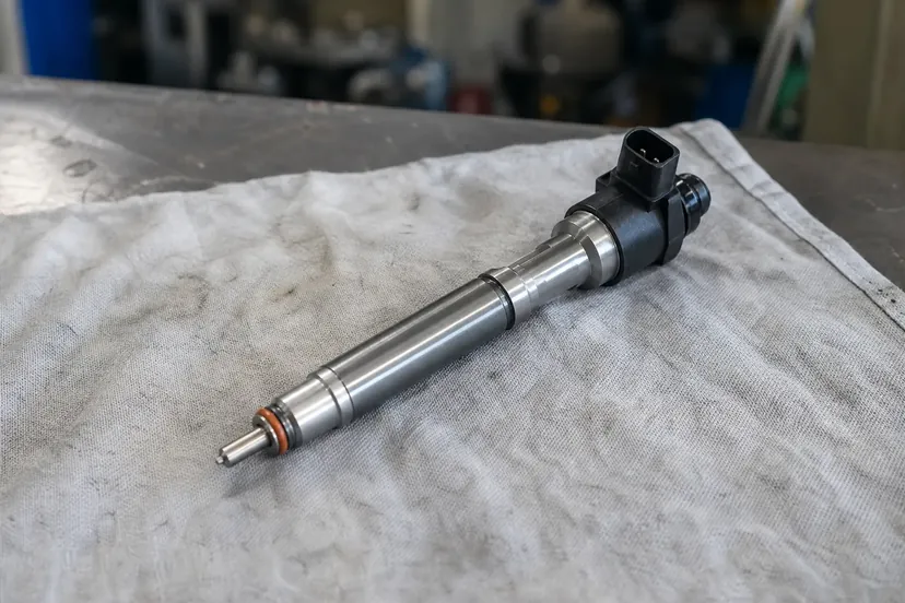 Un injecteur neuf posé à plat sur un chiffon clair, au centre d'un établi d'atelier automobile.