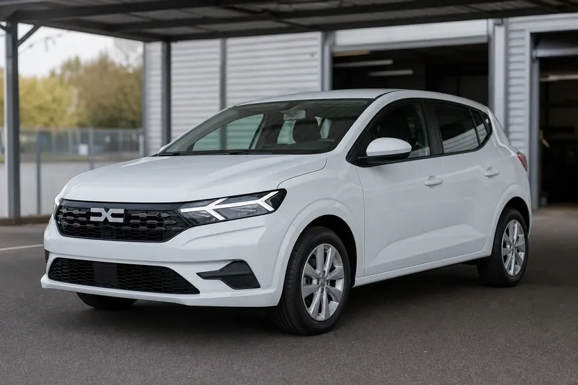 Une Dacia Sandero III blanche de version courante, vue de trois quarts avant, immobile sous un auvent accolé à un atelier automobile.