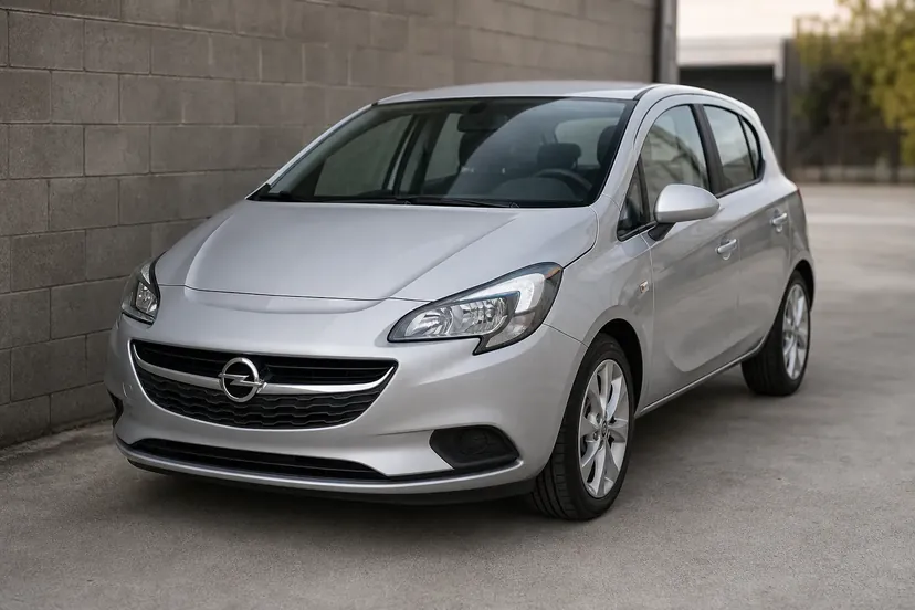 Opel Corsa E gris argent, vue de trois quarts avant, immobile sur l'aire bétonnée à l'arrière d'un atelier automobile.