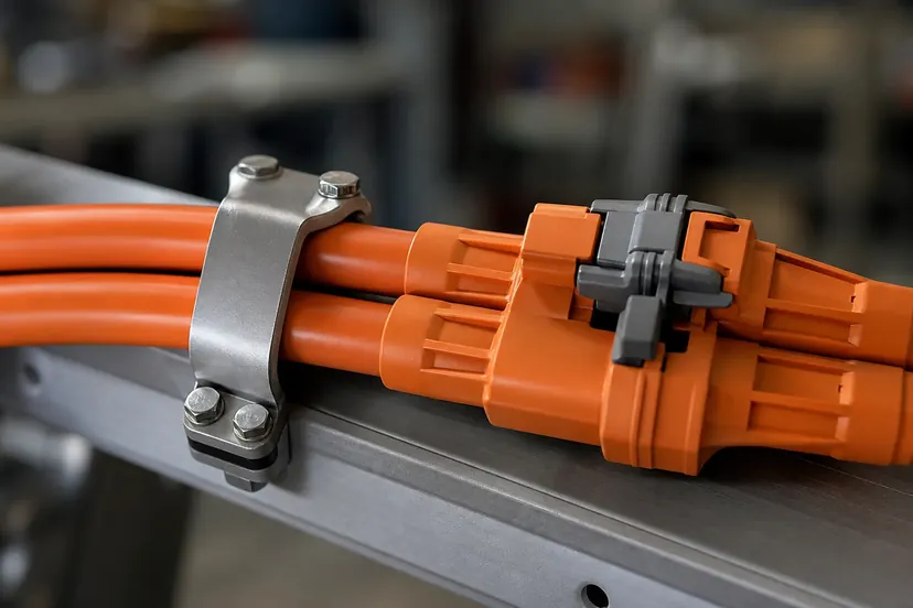 Deux câbles haute tension gainés d'orange vif, maintenus côte à côte par un collier métallique sur une traverse en alliage.
