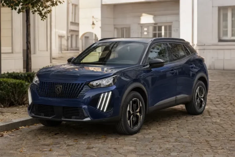 Une Peugeot 2008 de seconde génération bleu foncé à toit noir, vue de trois quarts avant, garée dans une cour pavée un matin couvert.