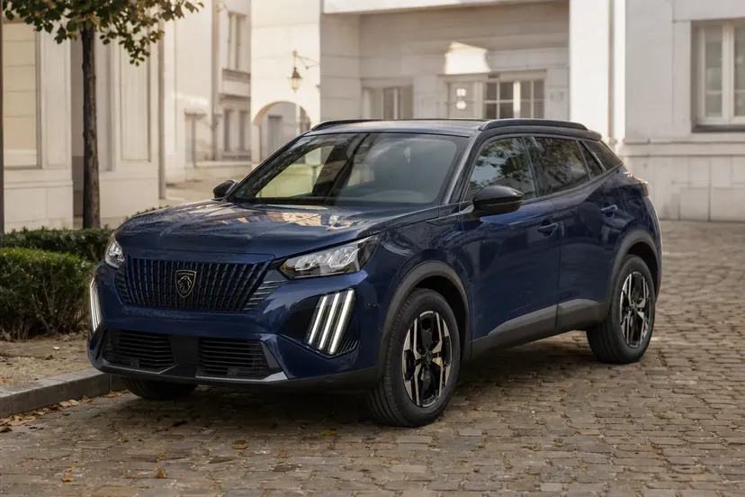 Une Peugeot 2008 de seconde génération bleu foncé à toit noir, vue de trois quarts avant, garée dans une cour pavée un matin couvert.
