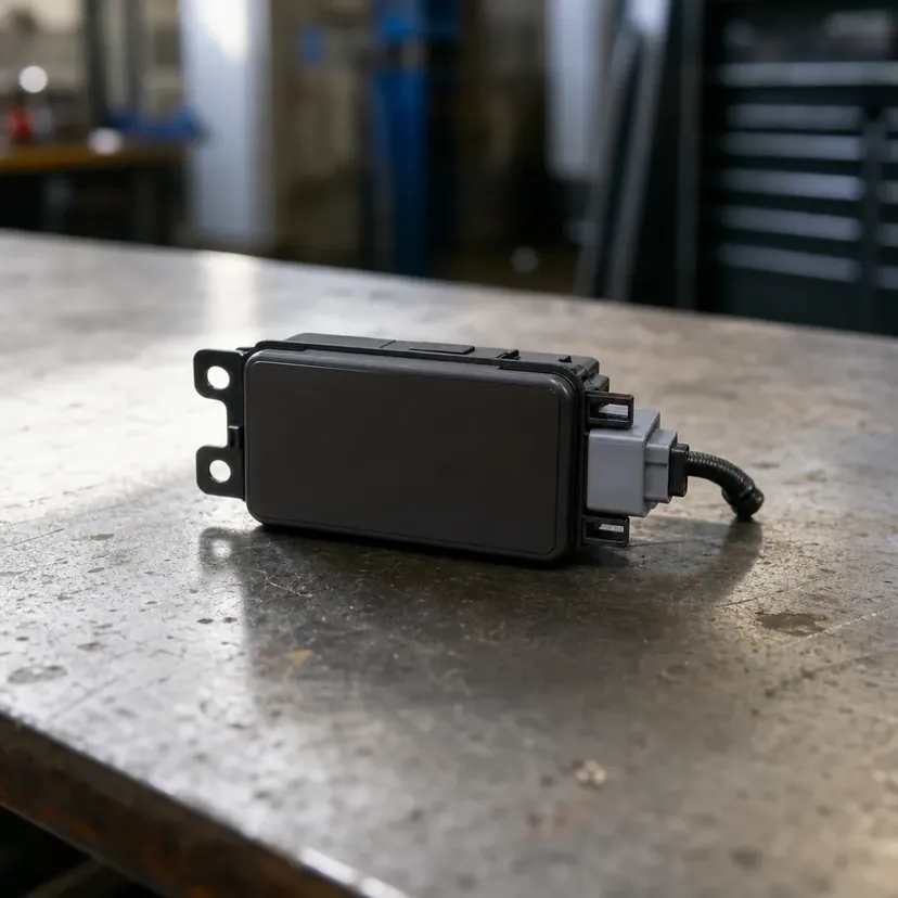 Un capteur radar avant, déposé et posé au centre d'un établi d'atelier.