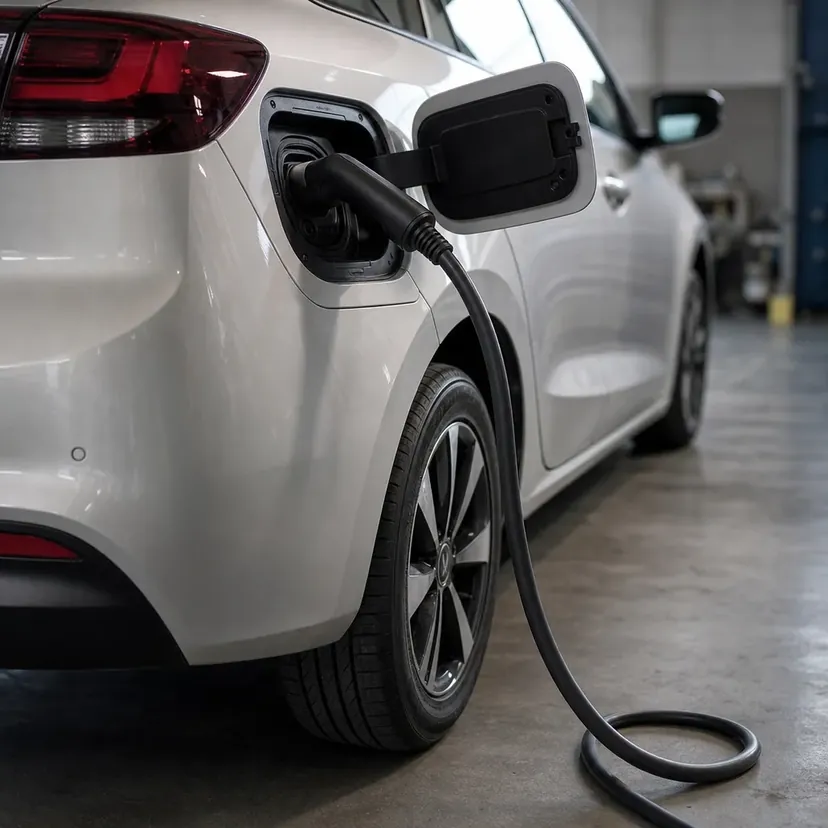 Gros plan sur la trappe de charge ouverte d'une citadine électrique, un câble de charge épais engagé et verrouillé dans le connecteur.
