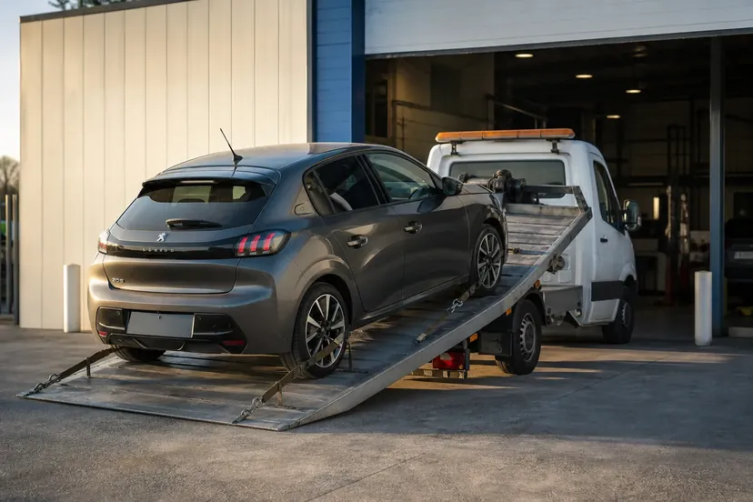 Une citadine grise en cours de déchargement du plateau incliné d'un camion de dépannage, devant l'entrée ouverte d'un atelier automobile.