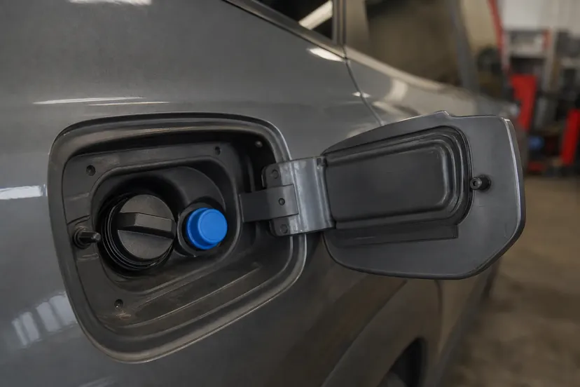La trappe de remplissage ouverte d'un SUV gris : le goulot de carburant à bouchon noir, et à côté le goulot plus petit fermé par un bouchon bleu.