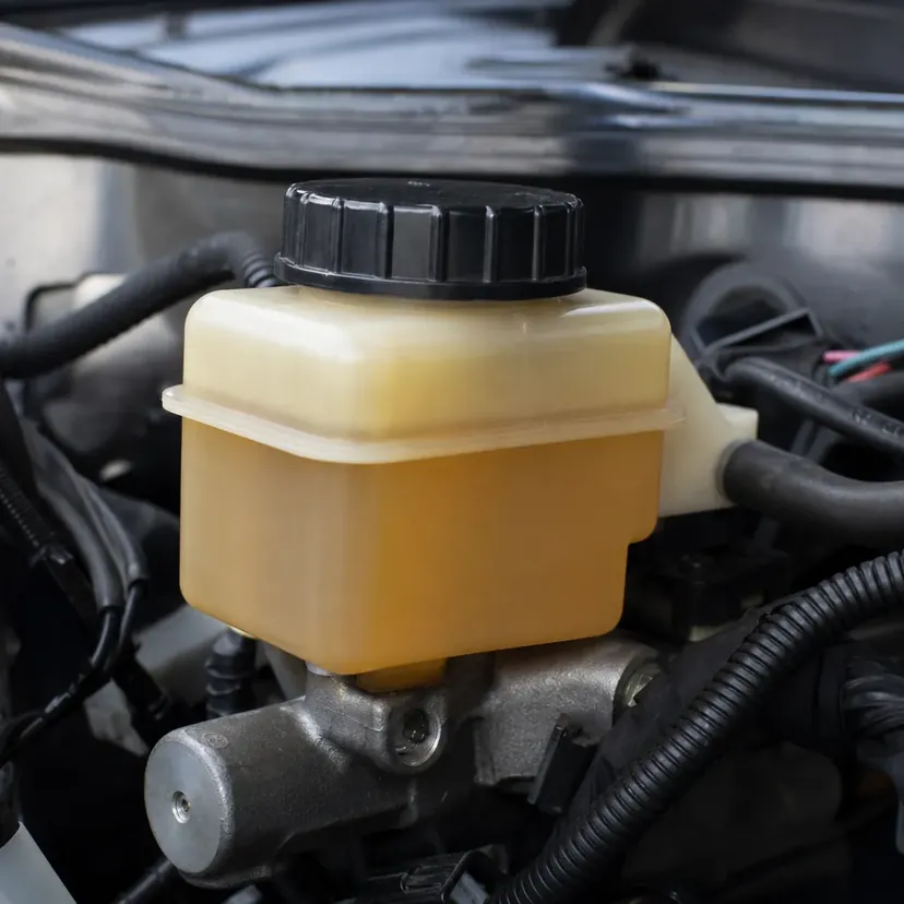 Gros plan sur un bocal de liquide de frein en plastique translucide monté sur le maître-cylindre, dans un compartiment moteur capot relevé.