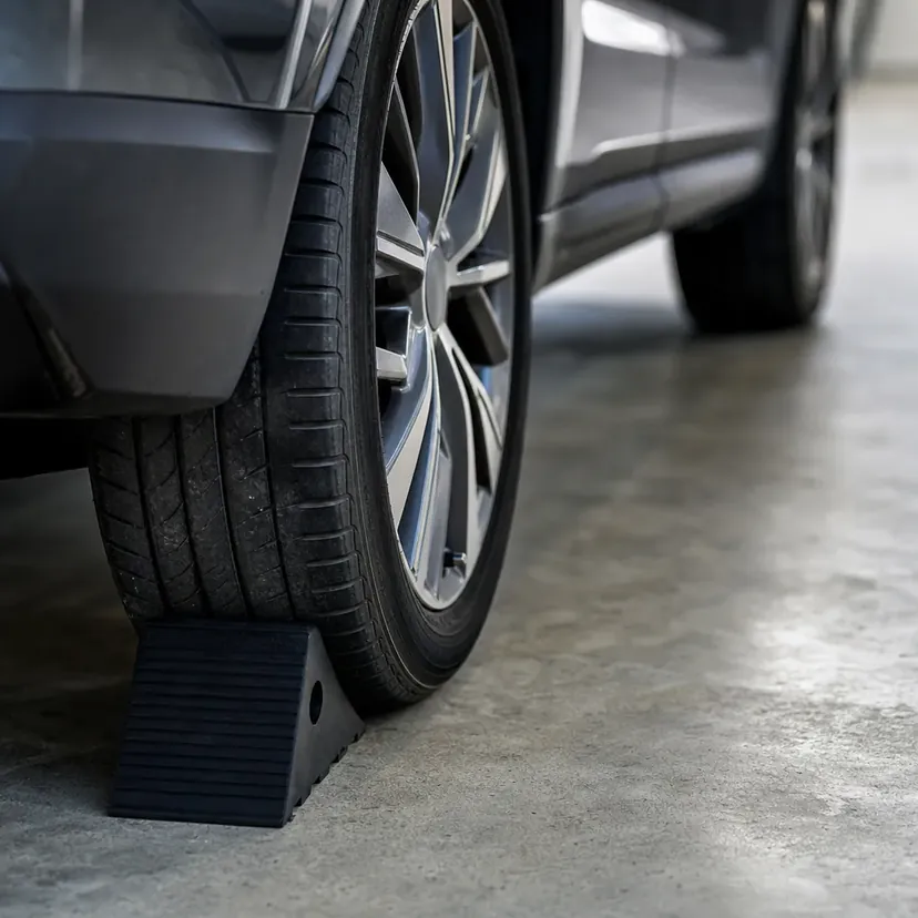 Une cale de roue en caoutchouc noir posée au sol contre le pneu arrière d'un SUV gris, sur un sol de béton.