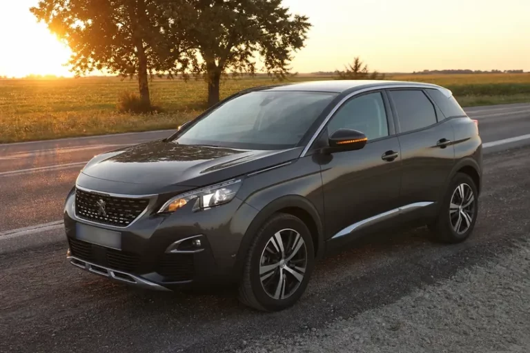 Un Peugeot 3008 de deuxième génération gris foncé arrêté sur l'accotement d'une route de campagne, feux de détresse allumés, en fin de journée.