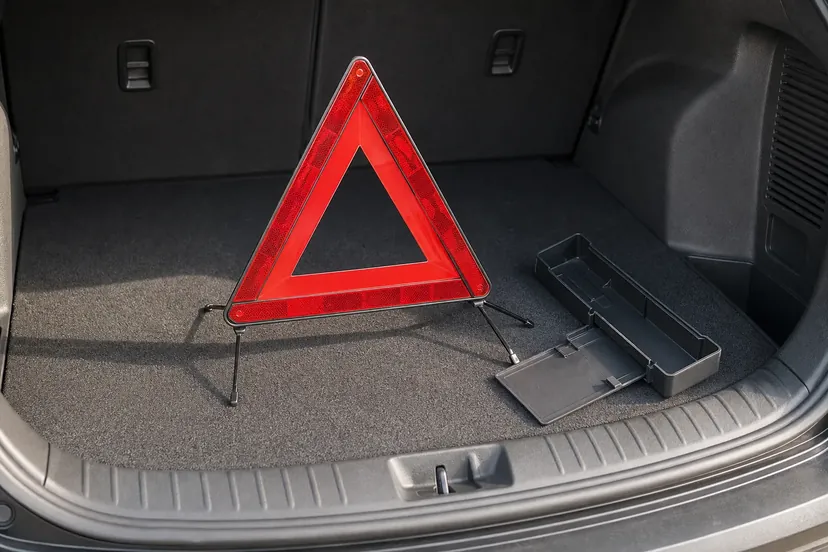 Un triangle de présignalisation rouge déplié et dressé sur ses trois pieds au milieu d'un coffre de SUV, à côté de son boîtier de rangement noir ouvert.