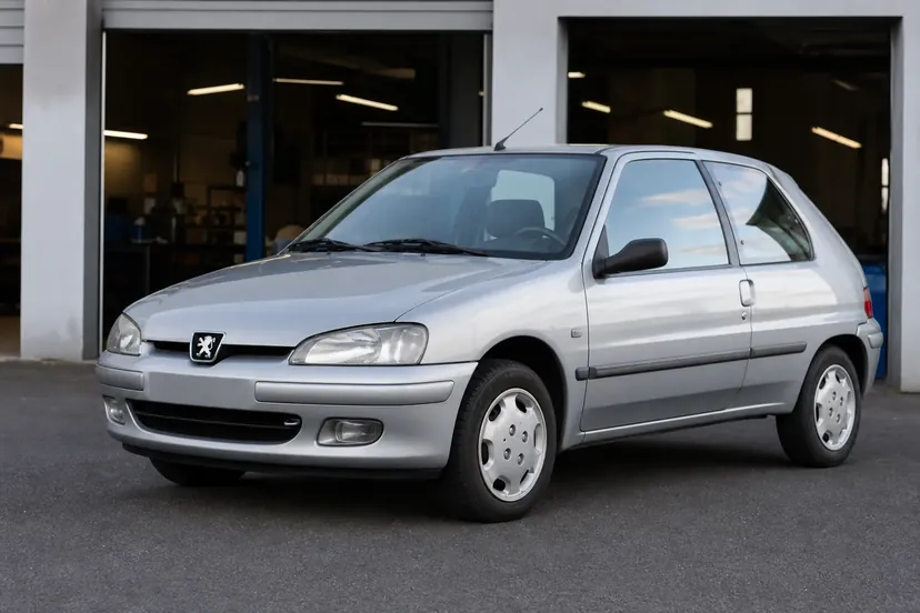 Une Peugeot 106 grise à trois portes, vue de trois quarts avant, garée sur la cour bitumée devant l'entrée ouverte d'un atelier automobile.