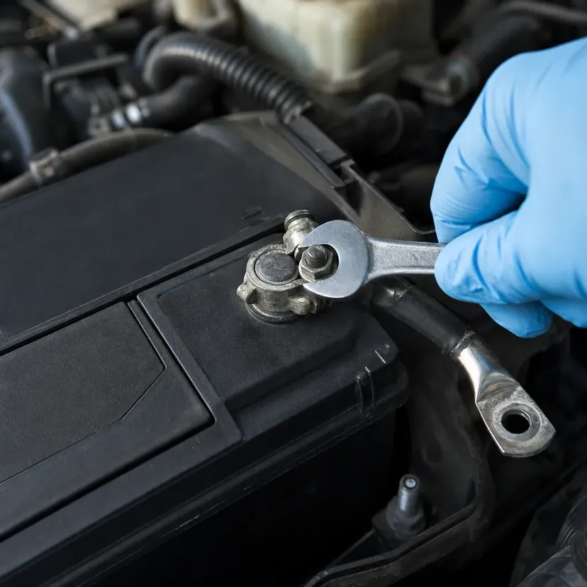 Gros plan sur la borne négative d'une batterie de voiture, capot relevé, une main gantée desserrant l'écrou de la cosse à la clé plate.